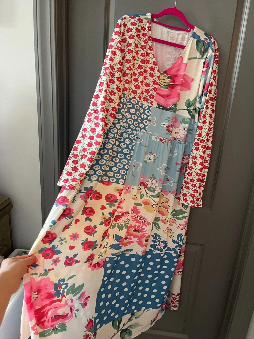 Floral Patchwork Long Sleeve Maxi Dress - Pink & Blue